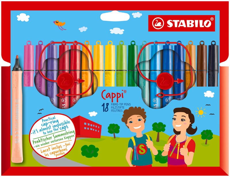 STABILO Fibre-Tip Pen with Cap-Ring - STABILO Cappi - Pack of 18 - Assorted Colours + 2 Cap-Rings - Image 1